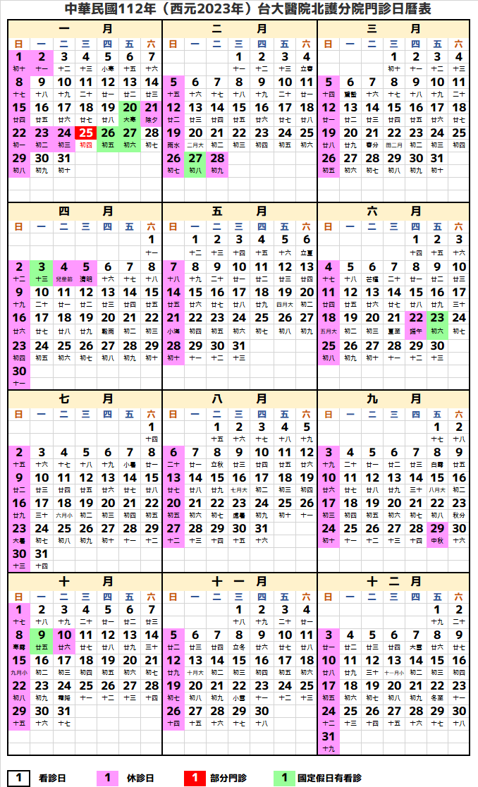 台大醫院北護分院行事曆2023年-民國112年