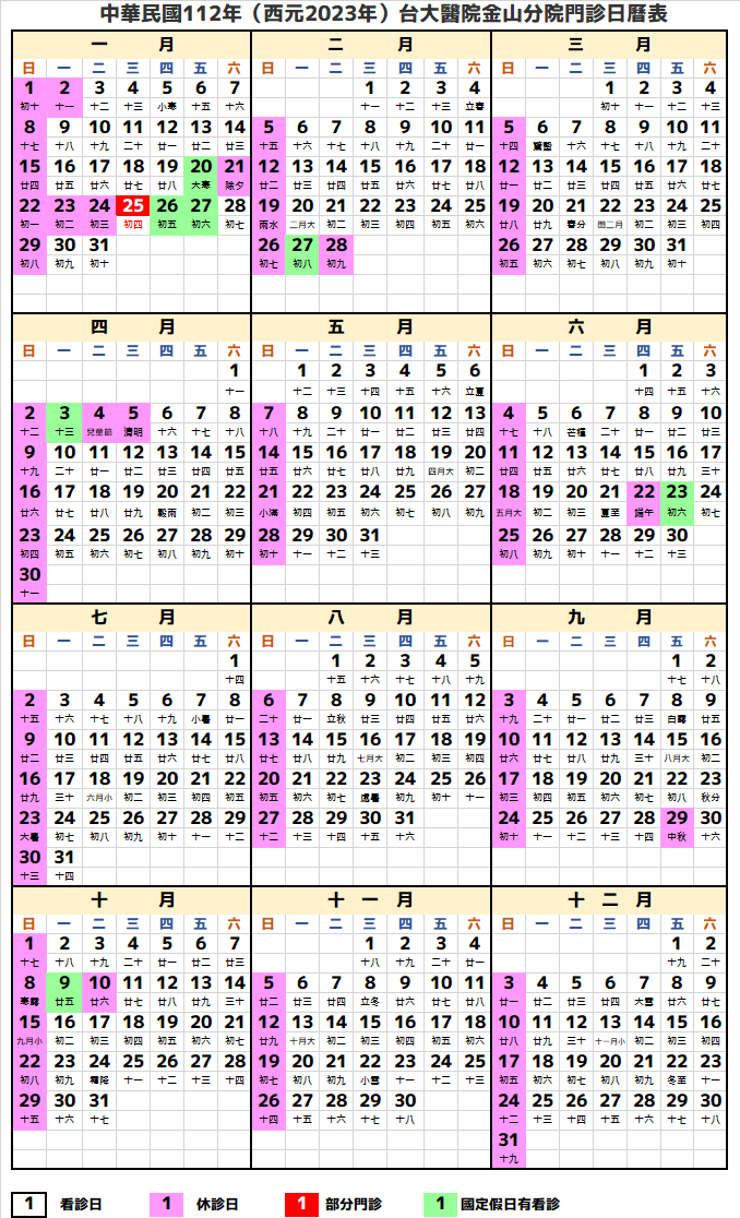 台大醫院金山分院行事曆2023年-民國112年